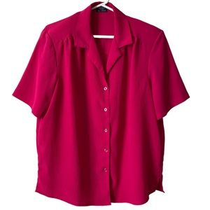 Women's Pink Crepey Button Up Short Sleeve Blouse Large